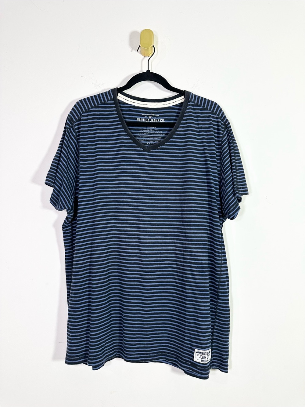Nautica Jeans Co Blue Stripe V-Neck Short Sleeve Cotton Tee Shirt